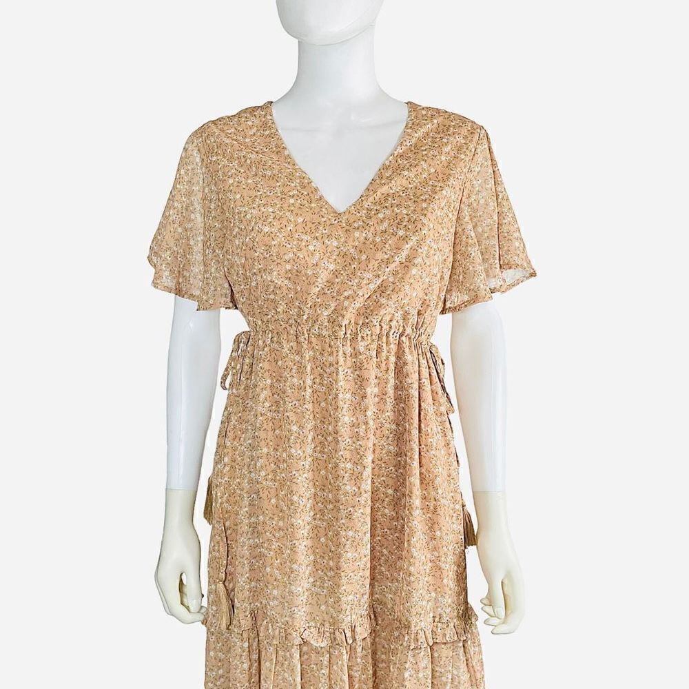 See the Shades Large Orange White Floral Tiered Maxi Dress - Picture 2 of 13